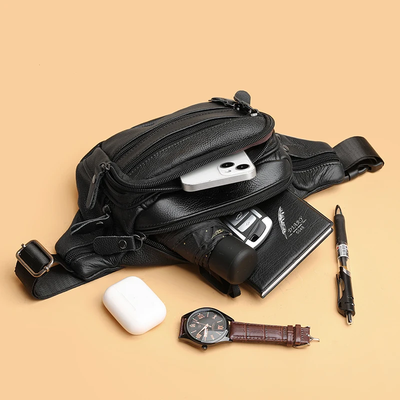 Marsupio Da Viaggio In Vera Pelle Bovina Nera – Unisex, 4 Scomparti, Cerniera Ottone Anticato - 3