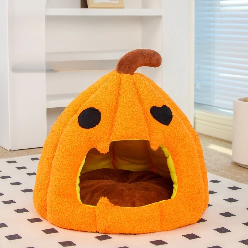 Halloween 3D Pumpkin Cat Litter Autumn Winter Warm Thickened Cat Beds Semi-enclosed Kennel Pet Products