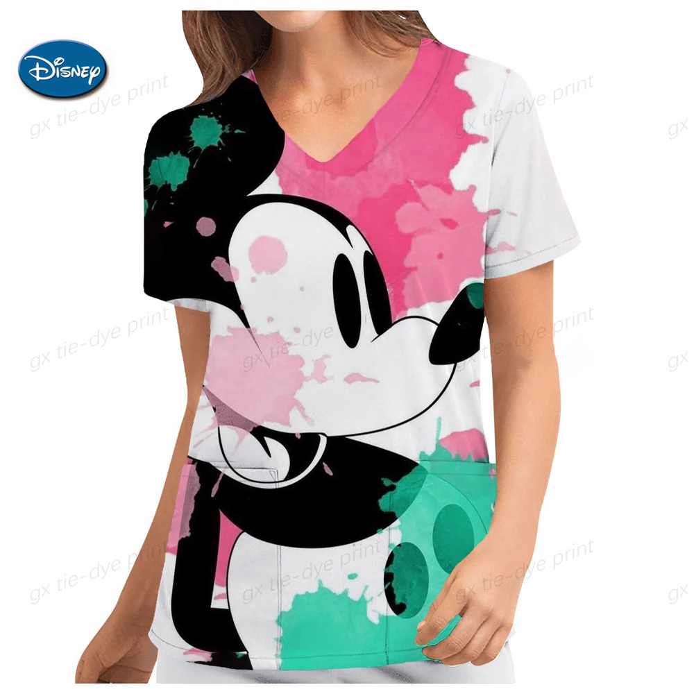 thumbnail image 1 of Blusa de trabajo de enfermera con estampado de Mickey Mouse de Disney, uniformes médicos, uniforme de enfermera de atención médica, manga corta, cuello en V para mujer, 1 of 5