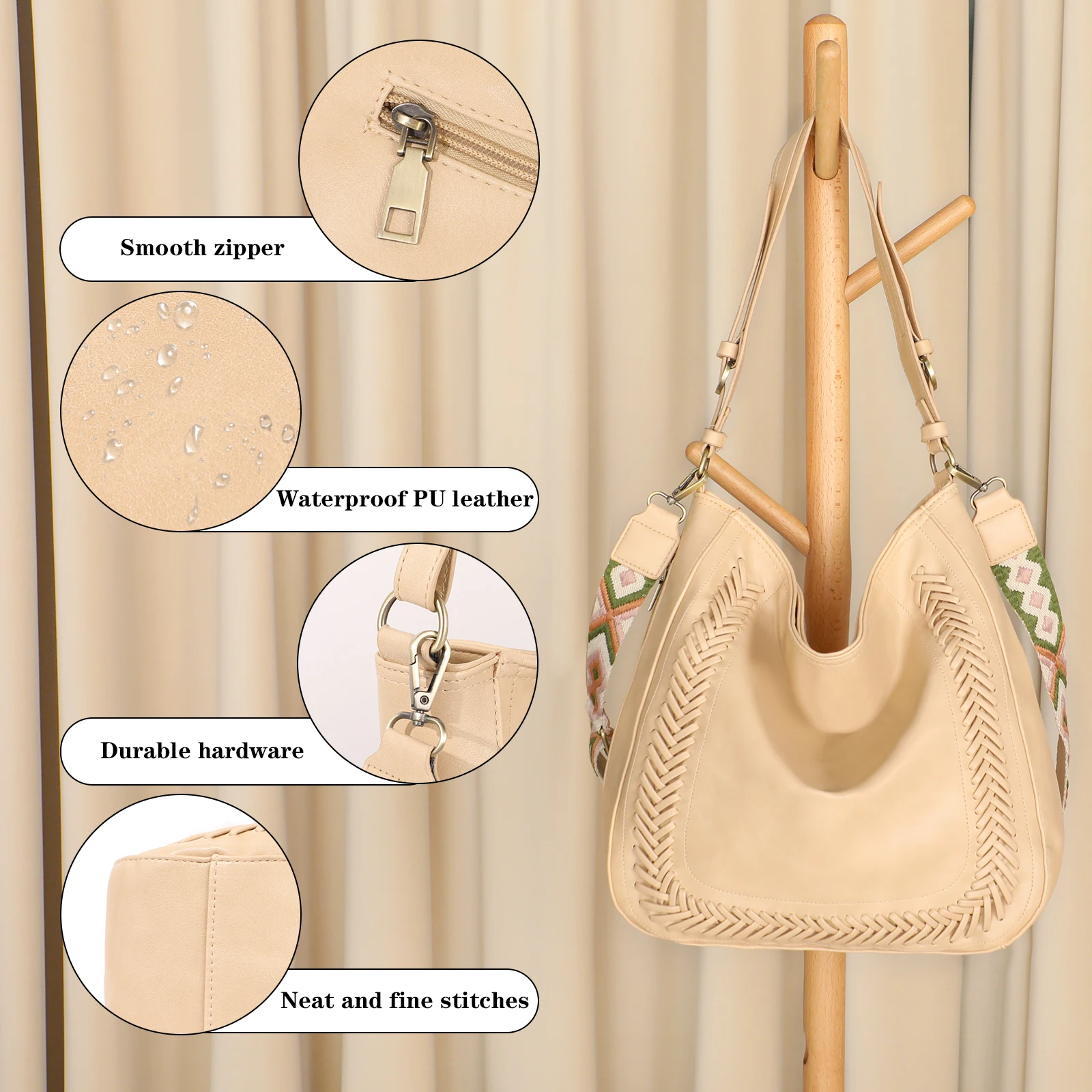 Women Hobo Bag Vegan Leather Whipstitch Crossbody Removable Guitar Strap Buckle Handle Purse Rustic Slouchy Satchel Shoulder