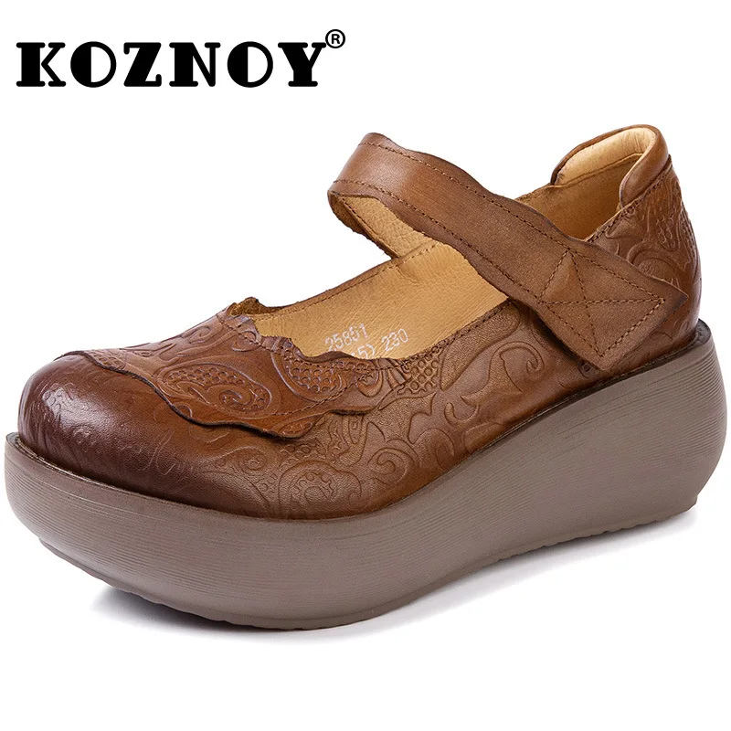 

Koznoy 6cm Ethnic Genuine Leather Mary Jane Ladies Autumn Summer Round Hook Fashion Women Embossed Platform Wedge Shoes Spring