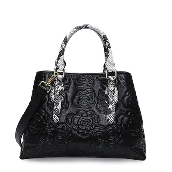 Aidrani Women's luxury leather handbag, large capacity black, with floral and snake pattern design, 2