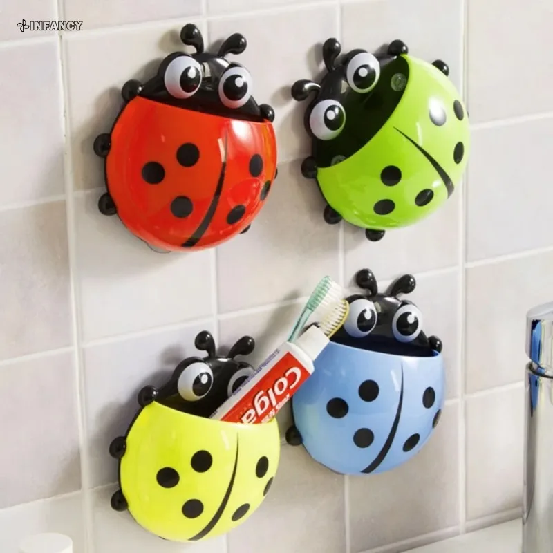 4 Colors Cute Ladybug Insect Toothbrush Wall Suction Bathroom Sets Cartoon Sucker Toothbrush Holder Suction Hooks