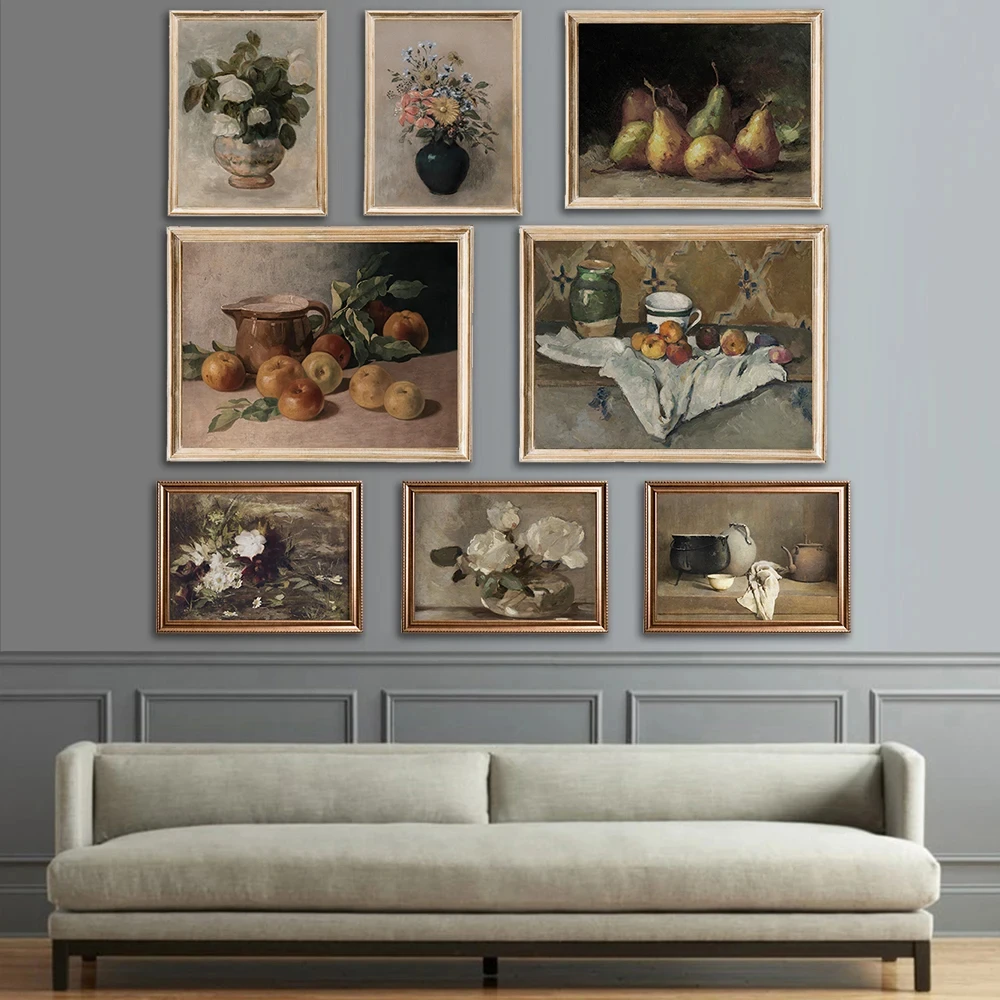 

Vintage PRINTABLE Neutral Still Life Roses Painting Botanical Print Wall Art Farmhouse Fruit Artwork for Country Kitchen Decor