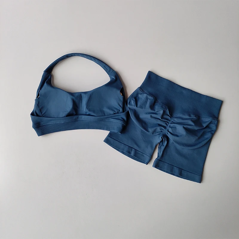 Sexy Halter Neck Beautiful Back High Waist Peach Sports Bras Shorts Suit...