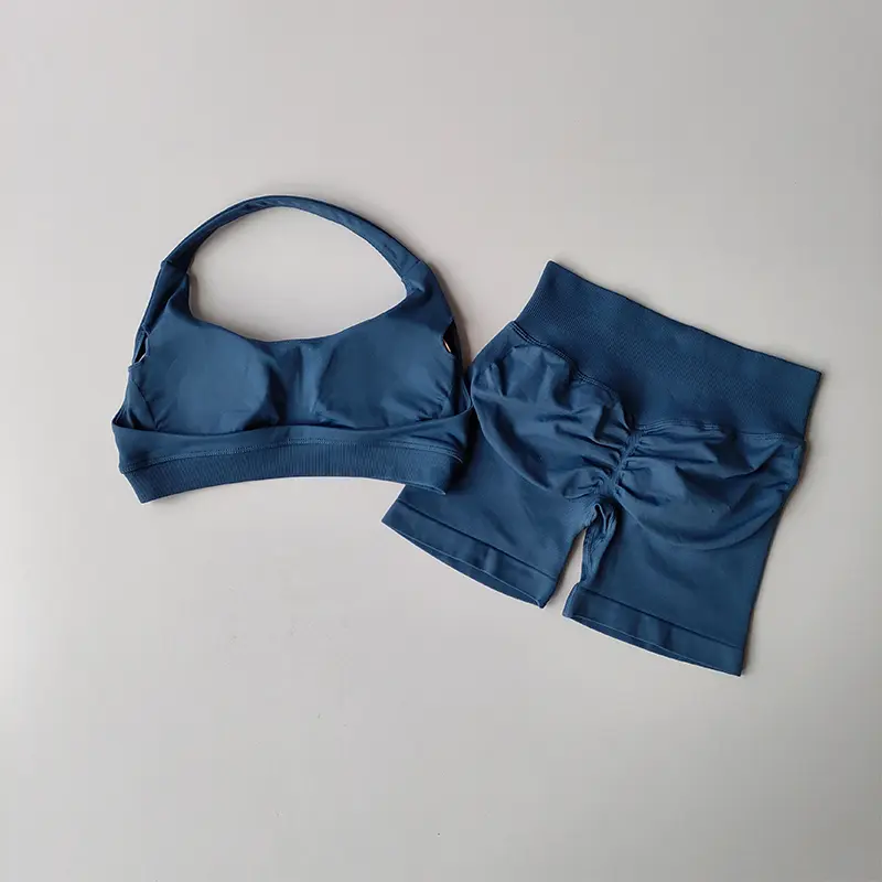 Sexy Halter Neck Beautiful Back High Waist Peach Sports Bras Shorts Suit Pilates Gathering Yoga Vest Training Fitness Bra Sets - Image 5