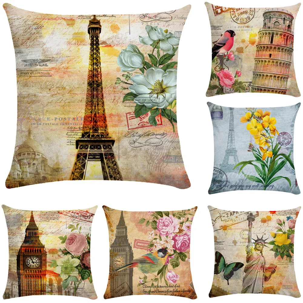 Federa Vintage Della Torre Eiffel Morty London Clock Tower Flower Pillows Case Per Soggiorno Home Decor Fodera Per Cuscino Del Divano 45X45