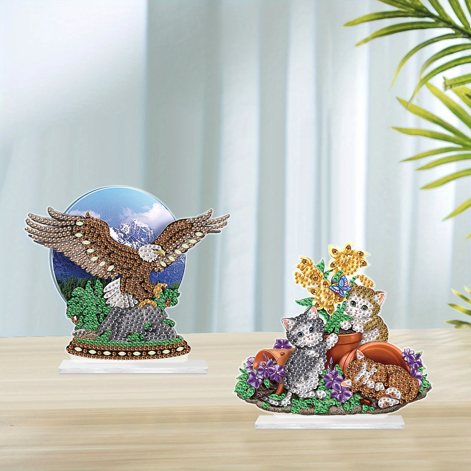 Diamond Painting 2PCS Stand Up Diamond Art Painting Kit Ornament Eagle and Cats 5D DIY Irregular Shaped Crystal Diamond Painting Table Ornaments