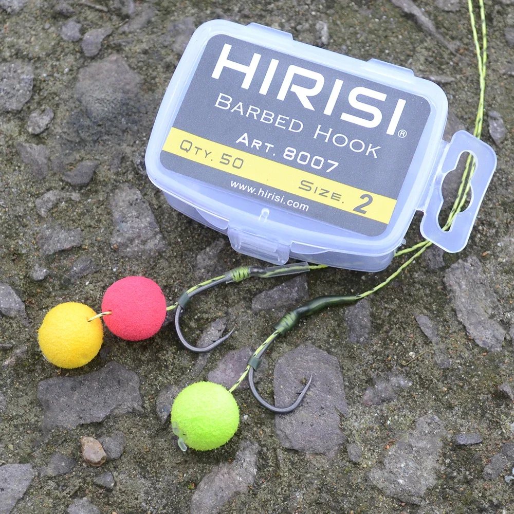 Hirisi 50pcs Ring Eye Barbed Hooks High Carbon Steel Carp