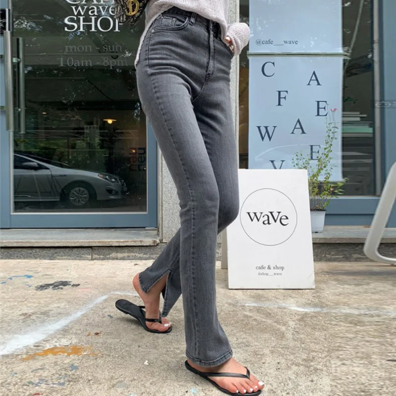 

Gray Split Jeans Women 2023 Chic Vintage High Waisted Elastic Denim Ladies Wide Leg Pants Summer Korean Sexy Bottoms Y2k