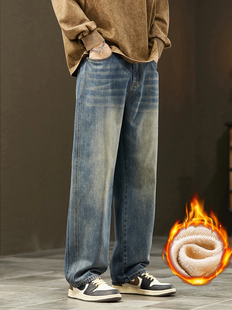 Winter Warm Fleece Jeans Men's Thickened Loose Wide-leg Denim Pants Vintage Wash Casual Straight Velvet Trousers Streetwear - Image 3