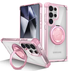 Rotating Magnetic Folding Stand Transparent Armor Shockproof Phone Case for Galaxy S24Ultra (Pink)