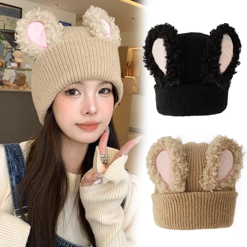 

New Exquisite Autumn And Winter Thickened Fluffy Rabbit Ears Wool Hat Sweet And Cute Bao Head Warm Knit Hat Multi-color Optional