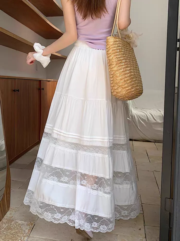 2025 Floral Lace Panel Cutout High Waist Slim Fit Tiered A
