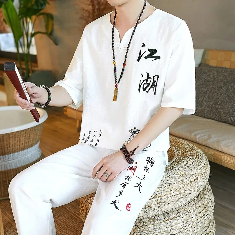 Summer Traditional Chinese Linen Tang Suit Men (Shirt + trousers) Cotton Linen Suit T Shirt Men Kungfu Clothes Tang tai chi clothing chinese men hanfu top
