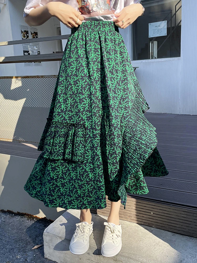 QOERLIN Floral Chiffon Skirts Printed Skirts with Ruffles Green Elastic Waist A-Line Midi Skirt Female2023 Spring Summer New fluffy mother and me tulle dresses ruffles with train plus size for photo shoot mom and daughter tulle evening dress