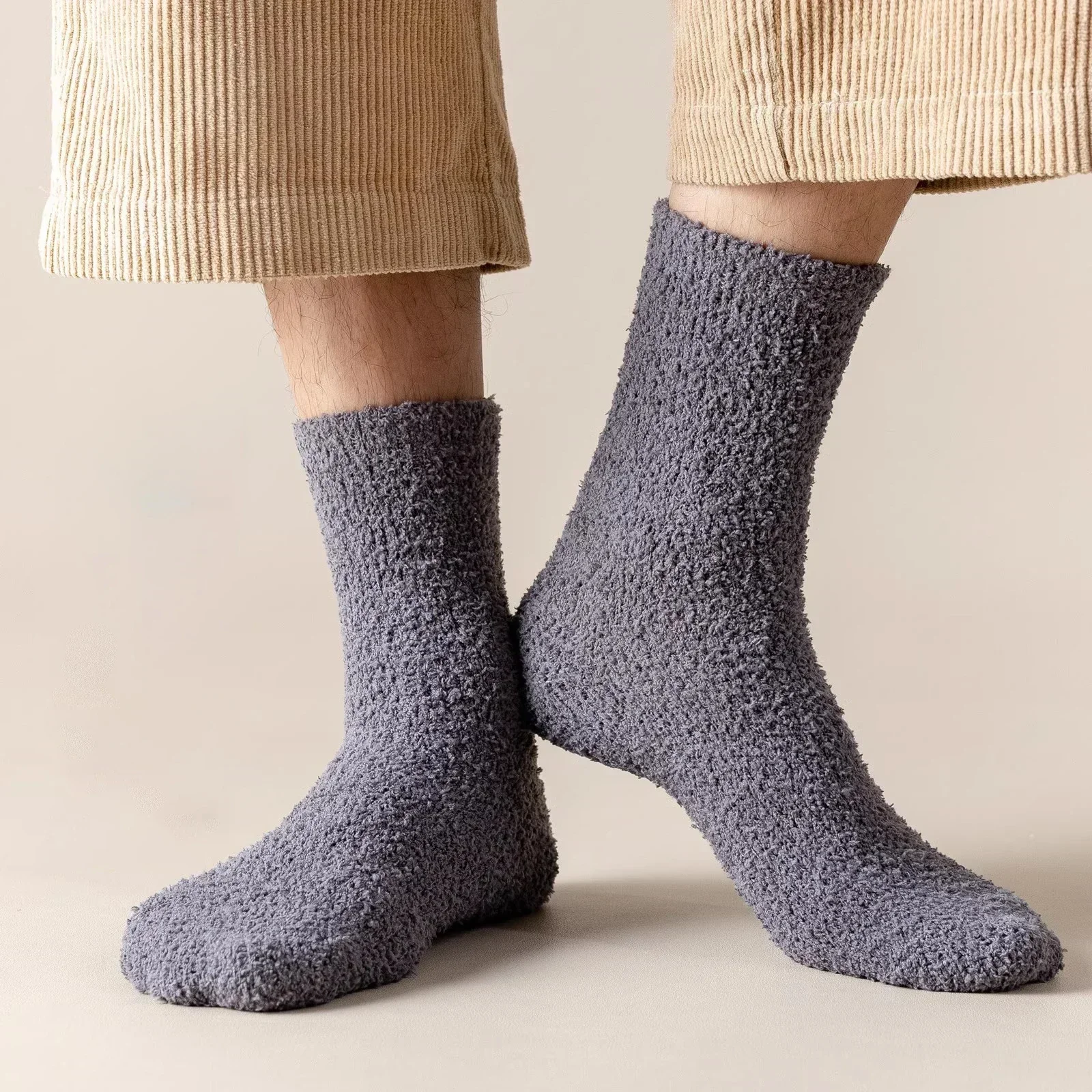 Winter Herren Halbe Fleece Socken Thermo Korallen Fleece Reine Farbe Warm Verdicken Weiche Mid-rohr Boden Hause Schlafen socken für Frauen – Detail 10