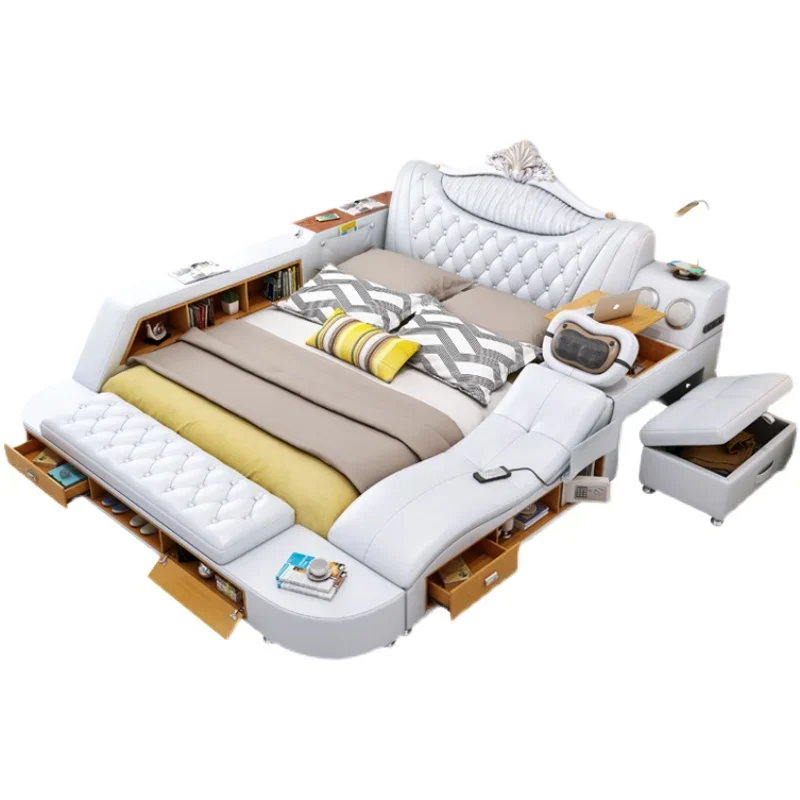 Echtes Leder Bett Multifunktionale Betten Ultimive Massage Camas Mit Bluetooth, Lautsprecher, Minikeeper, Luft Reiniger