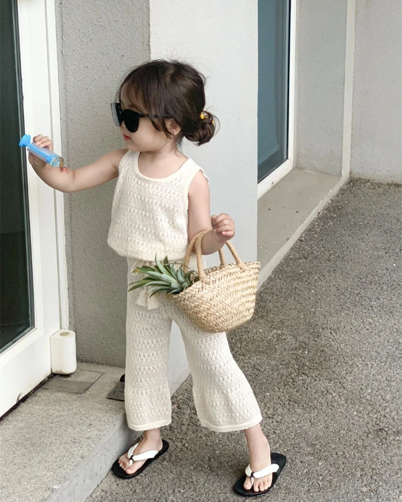 Girls Summer Clothing Set 2023 Kids Knitted Hollow Lace Suit Girl Fashion Breathable Vest + Wide Leg Pants Outfits Children Sets
