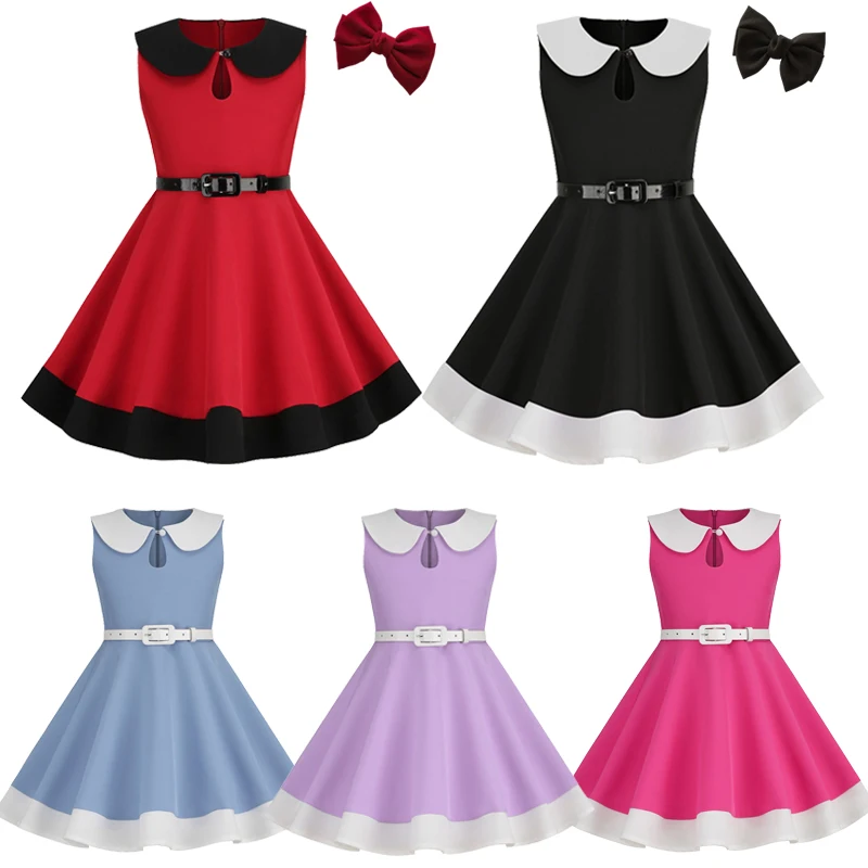 

3-10 Years Girls Doll Collar Dress With Belt Summer Sleeveless Vintage Gown Clothing Kids Baby Princess Dresses Children Vestido
