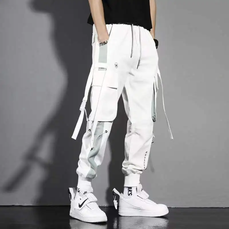 Classic Streetwear Casual Men Ribbons Harem Jogging Pants Male Slim Fit Spring Cargo Pants Multi-Pockets Women Trousers K94 4