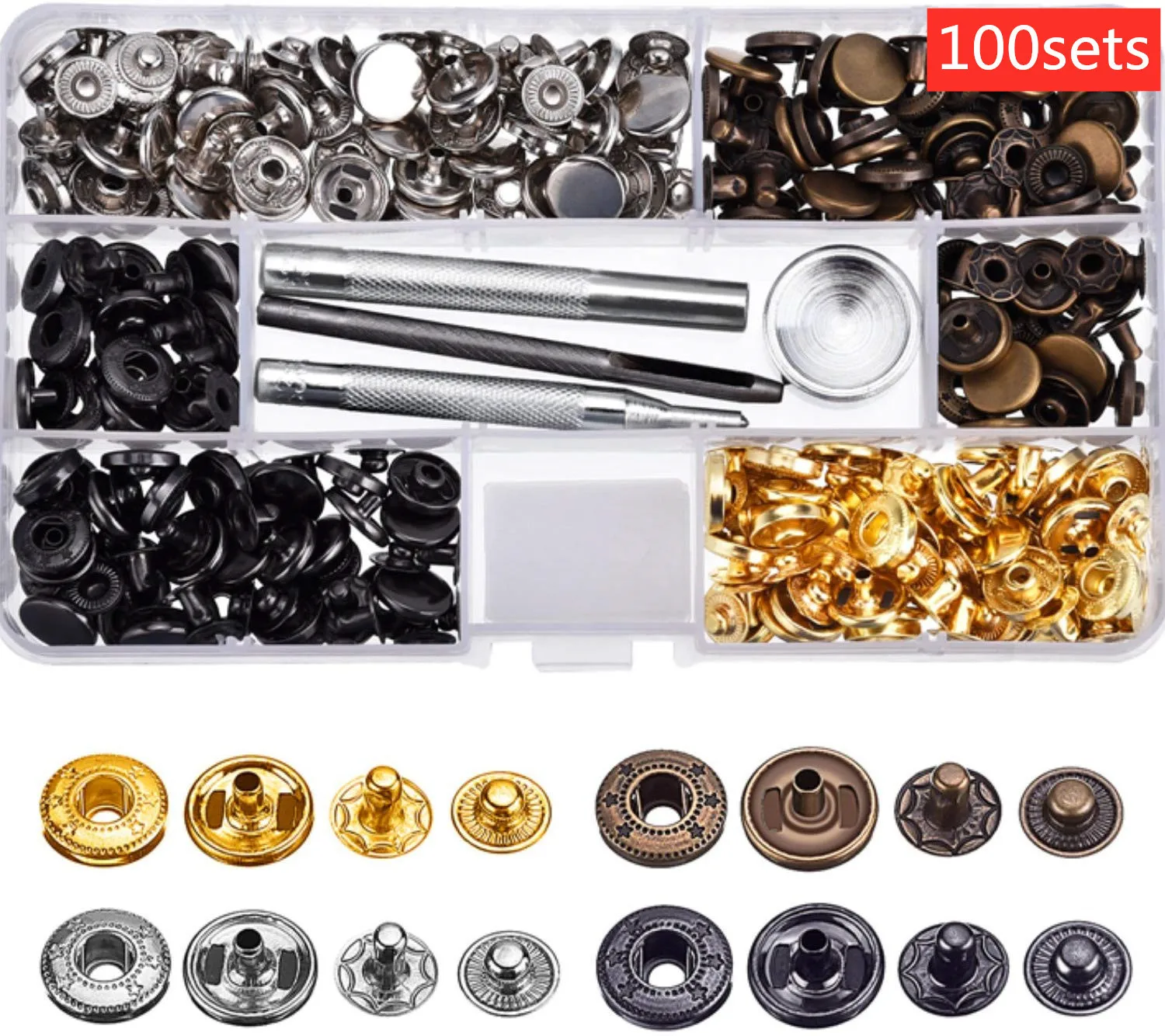 Snap Fasteners Kit 12.5mm Metal Snap Buttons for Clothing Bags Belts DIY Tailoring