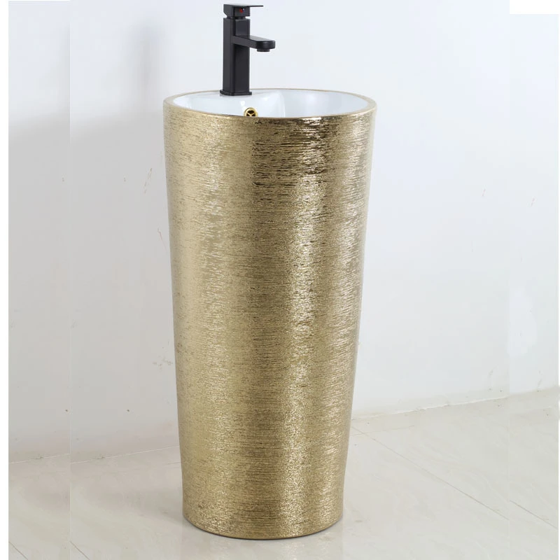Brushed and electroplated gold washbasin, luxurious gold, silver, and gold flower integrated floor to ceiling ceramic luxury