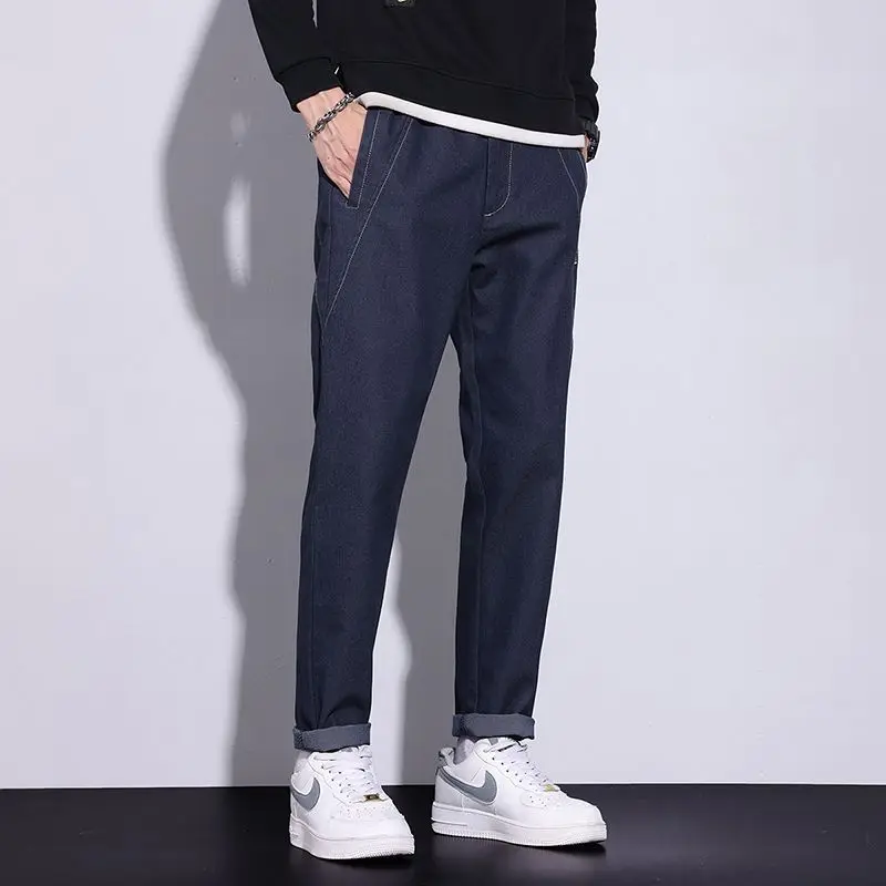 Elastic High Street Casual Men Jeans Autumn Winter Combination Straight Korean Chic All-match Solid Elastic Band Campus Pants 3