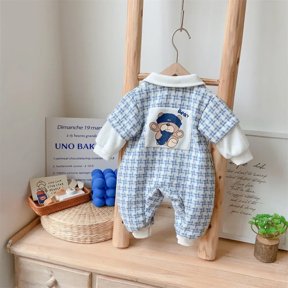 

2023 Autumn: Plaid Patch Bear One-Piece Overalls for Infant Kids Boys - Full Sleeve Toddler Baby Jumpsuits,Newborn Romper 0-24M