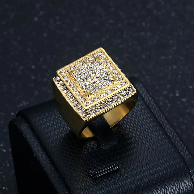 HIP hop Signet Ring for Men, gold color Square Top Stainless Steel rhinestone Finger Band, Gothic Punk Rock Boy Stamp Rings 2