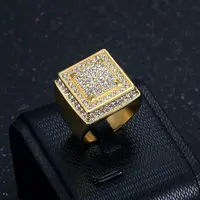 HIP hop Signet Ring for Men, gold color Square Top Stainless Steel rhinestone Finger Band, Gothic Punk Rock Boy Stamp Rings 2