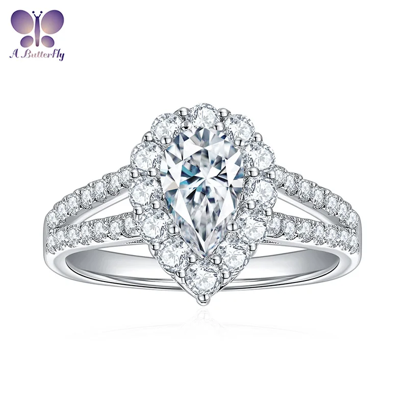 

AButterfly 925 Sterling Silver All Stones Are Moissanite Pear Shape Halo Women's Wedding Ring Fine Jewelry Wholesale