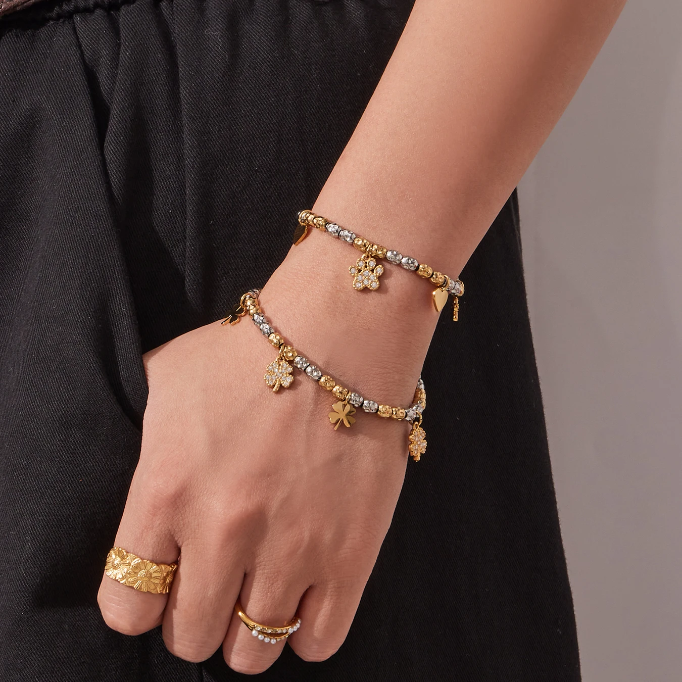 316 Edelstahl Gold Farbe Silber Perlen Kette Anhänger Halskette Damen Glänzende Blume Herz Anhänger Armband Schmuck Set – Detail 10