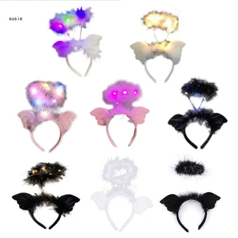 

X7YA Led Hair Hoop Angel Headband Flashing Light Headband Led Feather Headpiece