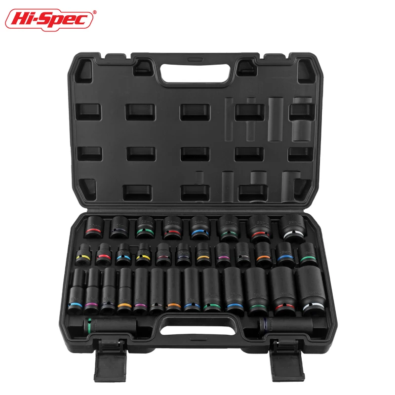 Hi-Spec 35PCS 1/2" Impact Short &Long Socket Set 8-32mm For 1/2 Air Cannon Wrench Pneumatic Long Socket Nut Driver Bit Set 4