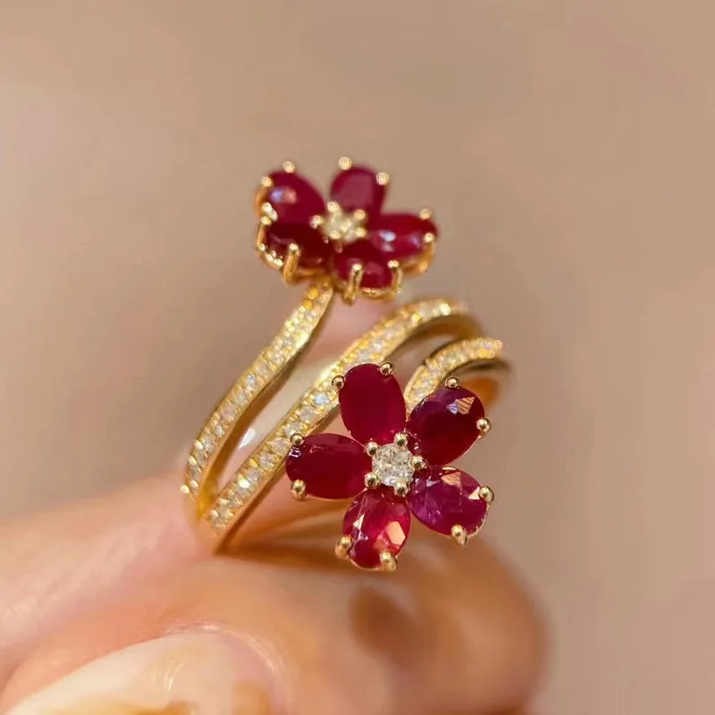 Fashion Vintage Delicate Floral Ruby Rings for Female Temperament Inlaid Full of Cubic Zirconia Opening Ring Party Birthday Gift