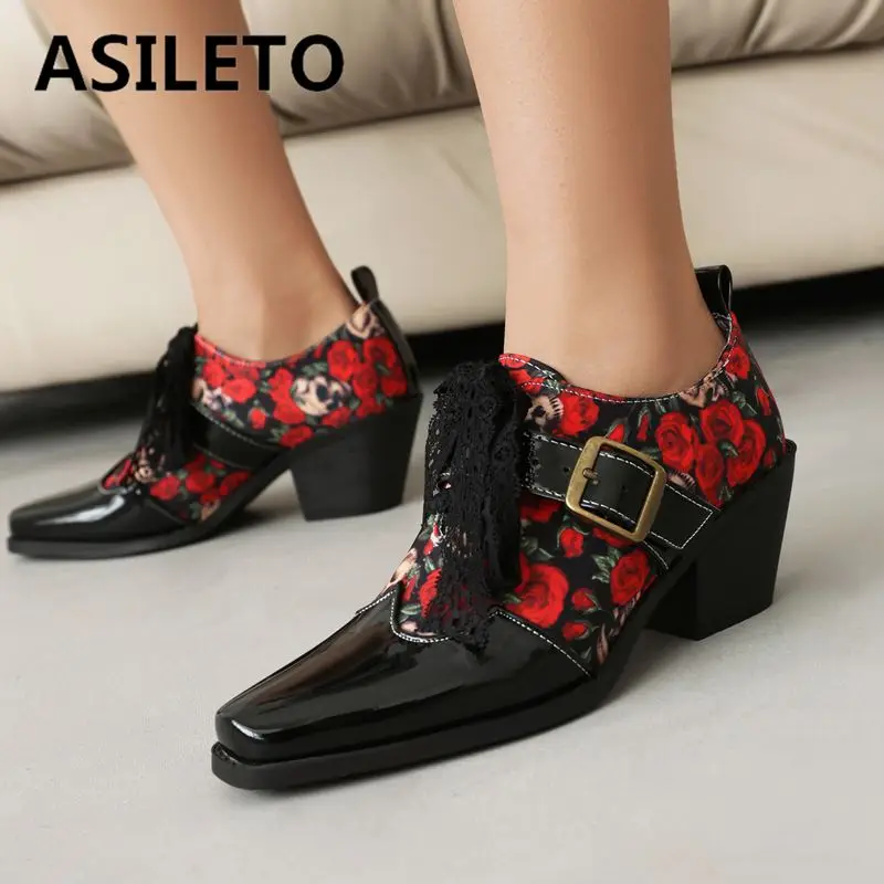 

ASILETO Vintage Female Pumps Square Toe Chunky Heels 7cm Lace Up Belt Buckle Mixed Color Flower Big Size 42 43 Patent Leather