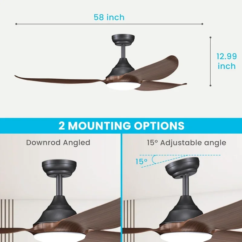 QW58'' Wood Fans Lights,Bedroom Ceiling Fan With Remote 3 Blades,5 Speeds,LED Dimmable 3000K/4000K/6500K,Rev