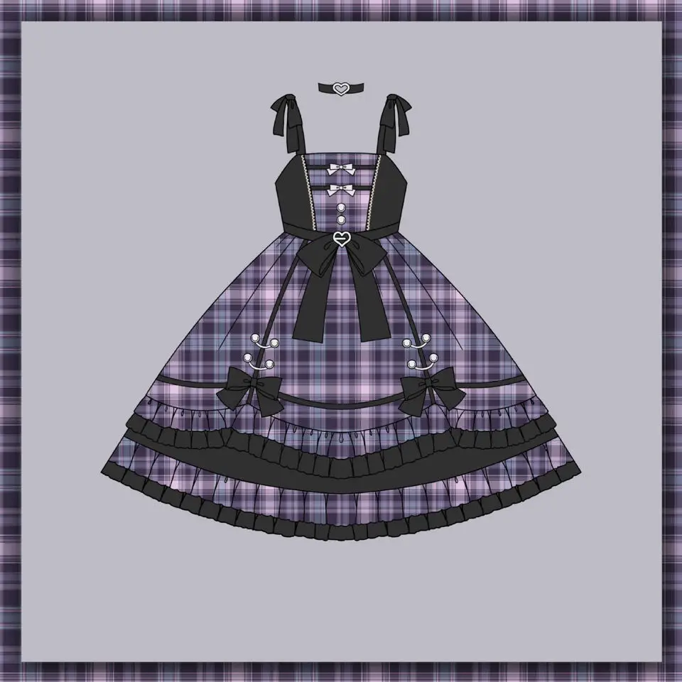 [스타 매력] 보라색 체커 노래 가운, 로리타 데일리 스위트 로리타 원피스, JSK 쿨 걸, 고딕 베스티도 만화 라르가, 여름 