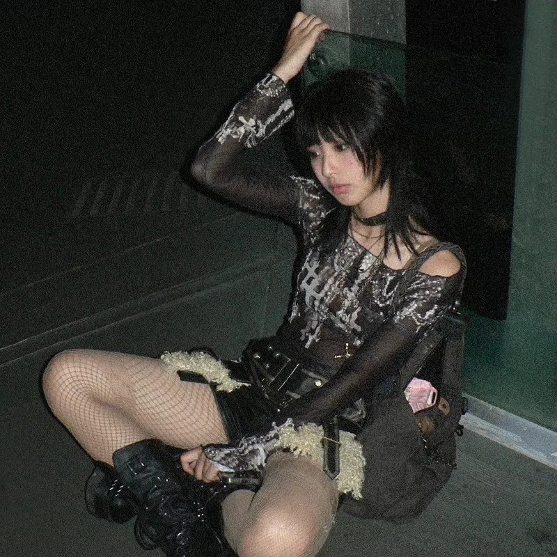 Karrram Grunge Aesthetics Mesh Tops Japanese Y2k Tattoo Print Sheer Tops Vintage Harajuku See Through Long Sleeve T-shirt Gothic 4