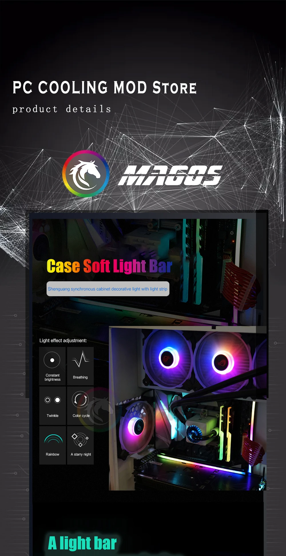 Ceinture lumineuse LED pour PC de bureau, armoire de jeu, pollution  lumineuse, support de carte mère, synchronisation, 20-100cm, 5V, 12V