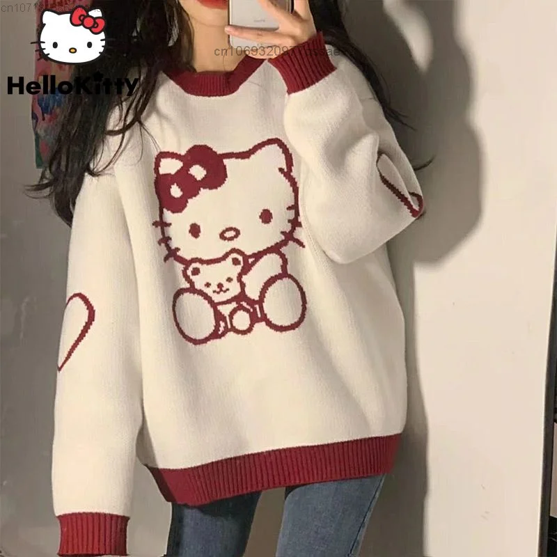 

Hello Kitty Sweathirt Sanrio Pullovers Kawaii Fashion Y2k Fleece Sweater For Women Autumn Winter Oversized Loose Cartoon Clothes