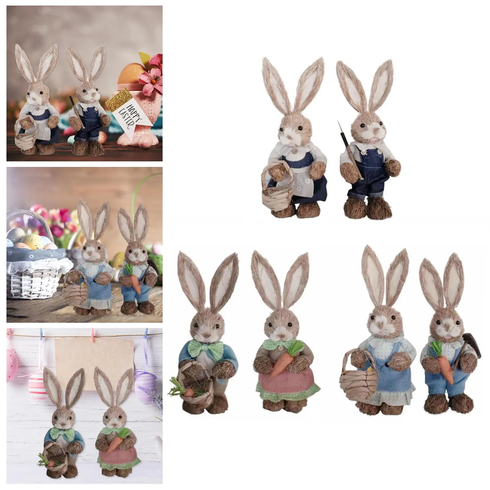 2Pcs Straw Easter Decorations Bunny Statues with Clothes Animal Standing for Floor home and indoor Party Wedding