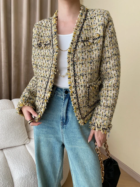 Vintage Tweed Plaid Tassel Raw Edge Jackets Women V-neck Exquisite