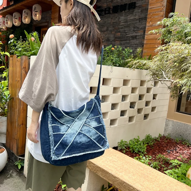 Denim Women's Bag Jeans Flap Messenger Bag Y2K Canvas Shoulder Bag Cross Eco Bag Korean Shopping Pockets Student Satchel Handbag