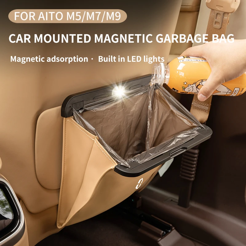Car LED light mounted magnetic garbage bag For SERES HUAWEI AITO M5 M7 M9 trash can contains garbage bags Seat backrest pocket
