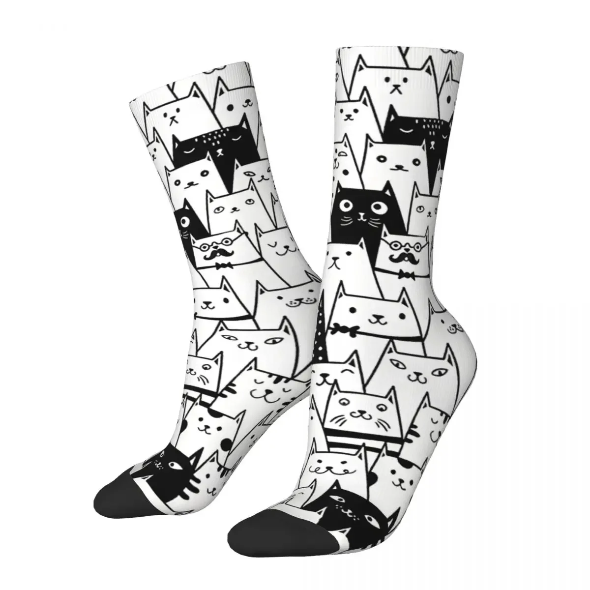 

Funny Crazy Sock for Men Black White Hip Hop Harajuku Cat Meow Happy Pattern Printed Boys Crew Sock Novelty Gift