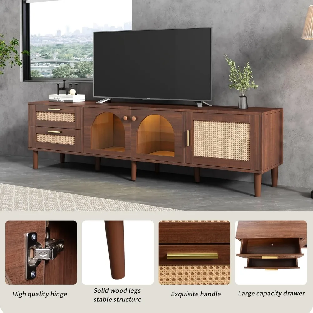 70" TV Stand with LED Lights, 3 Cabinets & 2 Drawers, Solid Wood Feet, TVs Up To 80", Living Room Rattan TV Stand 5