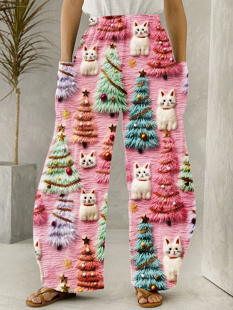 Spring Christmas Tree Print Pants Summer Casual Pocket Trousers Women Harajuku Y2K Trousers Loose Wide Leg Pants Chic Pantalon