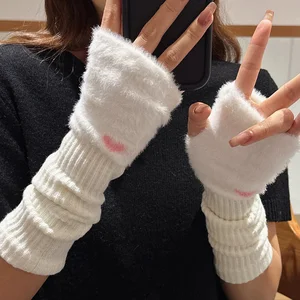 Mink Fleece Arm Warmer Long Fingerless Gloves Soft Winter Half Finger Mittens Women Y2K Solid Warm Plush Knitted Glove Sleeves